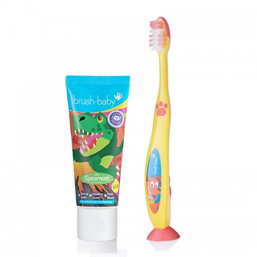 Brush-Baby Kid Dinosaur Spearmint Toothpaste with Xylitol (3 years+) + FlossBrush 6+ years
